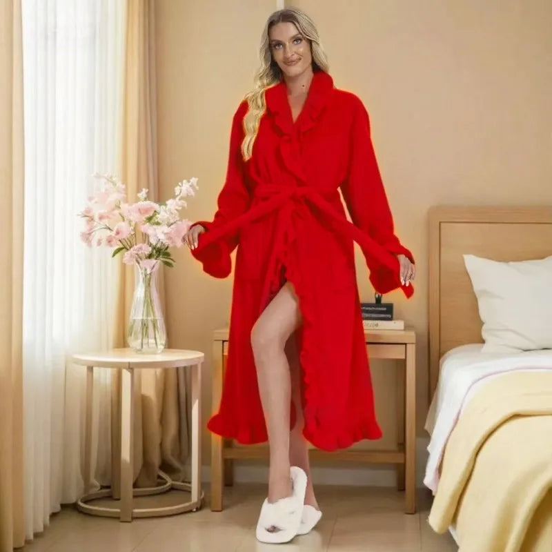 New Women's Long Warm Robe Home Wear Autumn and Winter Coral Velvet Thickened Bathrobe Casual Soft Solid Lace Up Loungewear