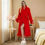 New Women's Long Warm Robe Home Wear Autumn and Winter Coral Velvet Thickened Bathrobe Casual Soft Solid Lace Up Loungewear