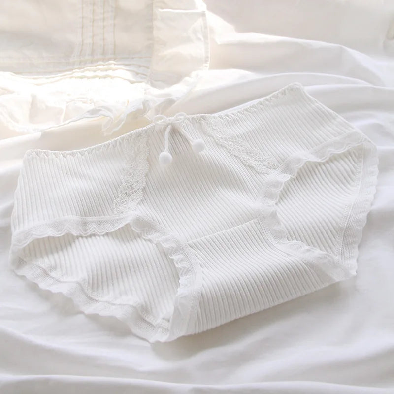 Girls SweetCute Underwear Cotton Lovely Soloid Middle Waist Briefs Young Girl Panties TeenagersWhite Intimates M L XLWhite