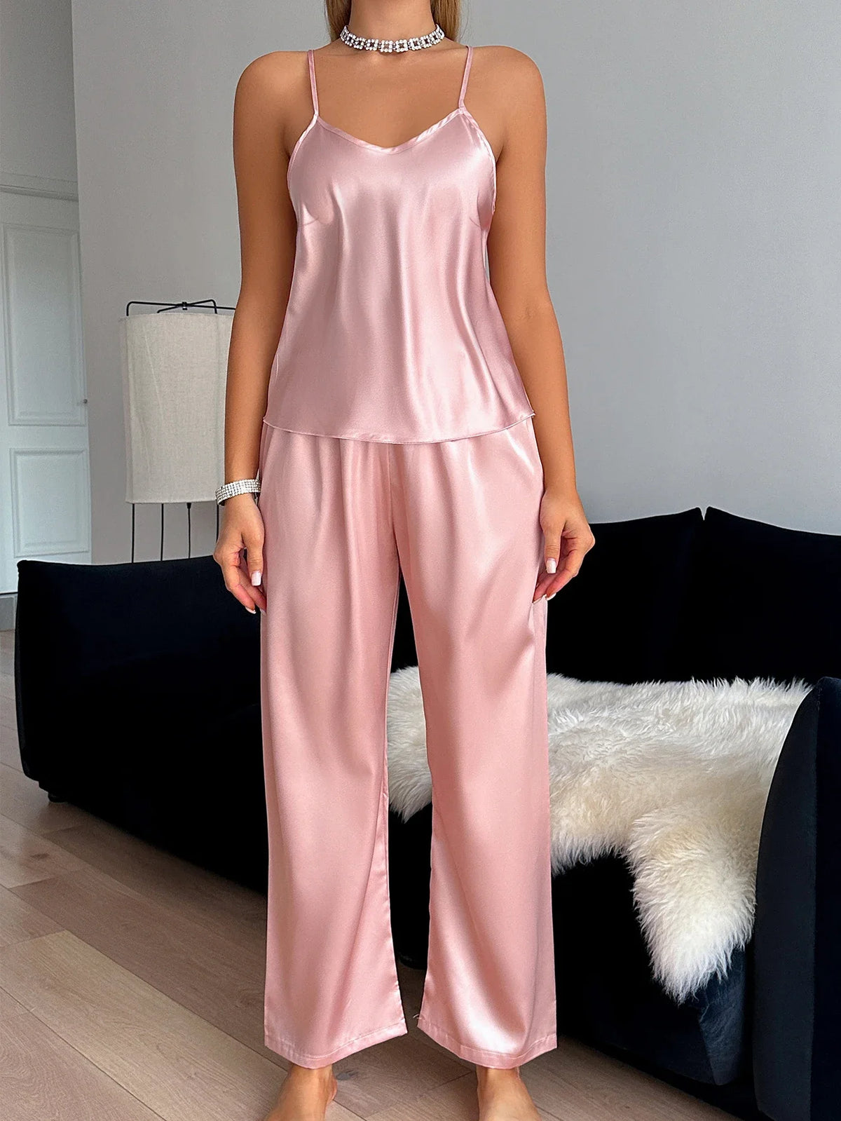 Summer Stain Ice Silk V Neck 2 Pieces Pajamas Set Women's Halter Tops and Long Pants Sets Comfortable Homewear Loungewear