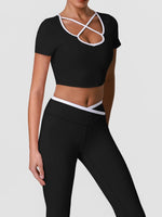 Summer Quick Drying Yoga Sets Women Black Patchwork Short Sleeve Cross Neck Sports Top High Waist Flared Pants Fitness Suits