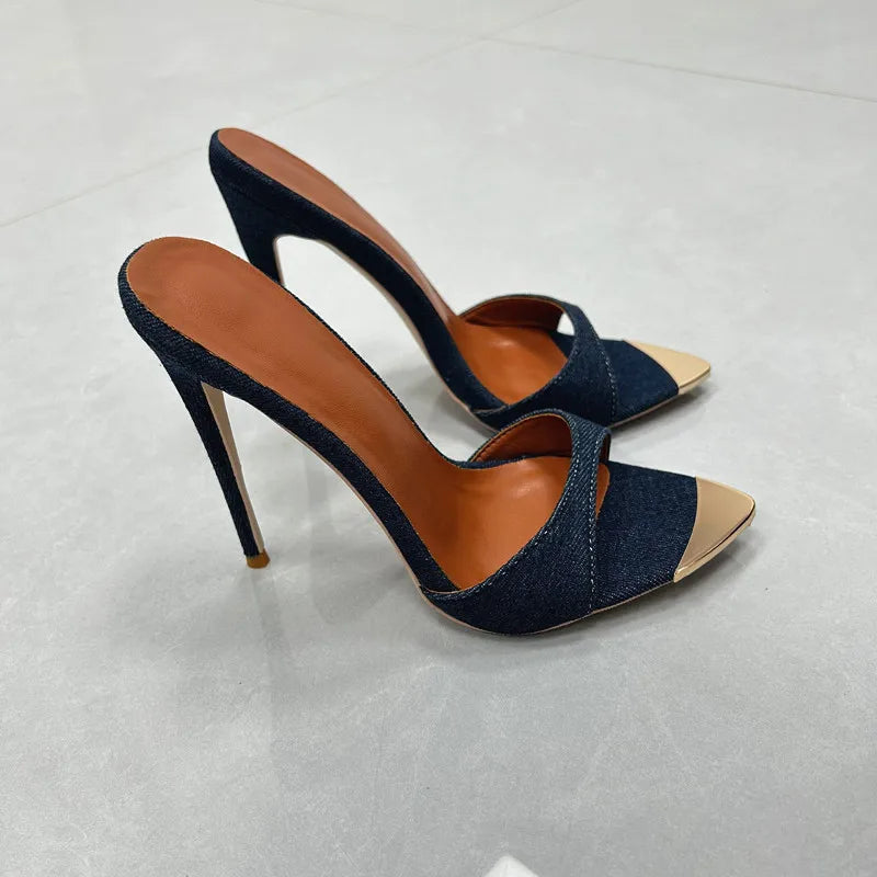 Denim Women Slippers Metal Decoration Pointed Toe Mules Shoes Women Super-high Heel Gladiator Sandals Sexy Luxury Women's Shoes
