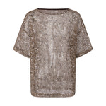 Summer Women's Fishnet T-shirt Casual Loose Fit Stylish Solid Color See Through Sequined Crew Neck Elbow Sleeve Tops