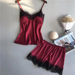 Women's Lace Satin Pajama Sets Sexy Nightwear Summer Sleeveless Tops+Shorts 2 Pcs Pyjamas Sleepwear Loungewear