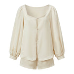 Women’s Casual 2 Piece Outfits Long Lantern Sleeve Button Down Tops + Shorts Set Solid Color Loose Suits