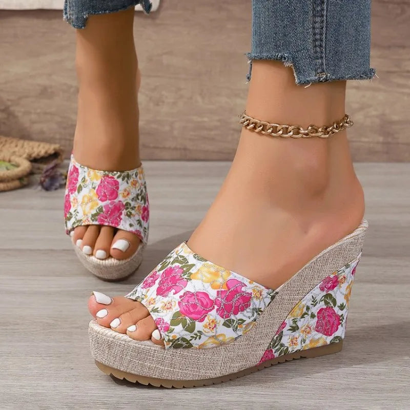 2026 New Women Shoes Fashion Shoes Casual Flip Flops SummerPrint Peep Toe Wedge Slippers