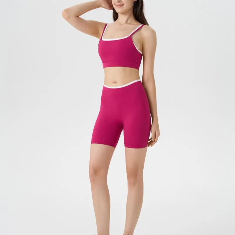 Women's 2-piece Yoga Set Fake Two-Piece Color-Block White Stripe Camisole Running Sports Bra Shorts Yoga Outfit Set