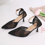 Sexy Black Mesh Pointed Toe Pumps Women Plus Size 43 Ankle Buckle High Heel Party Shoes Woman Embroidered Sequins Pumps Ladies