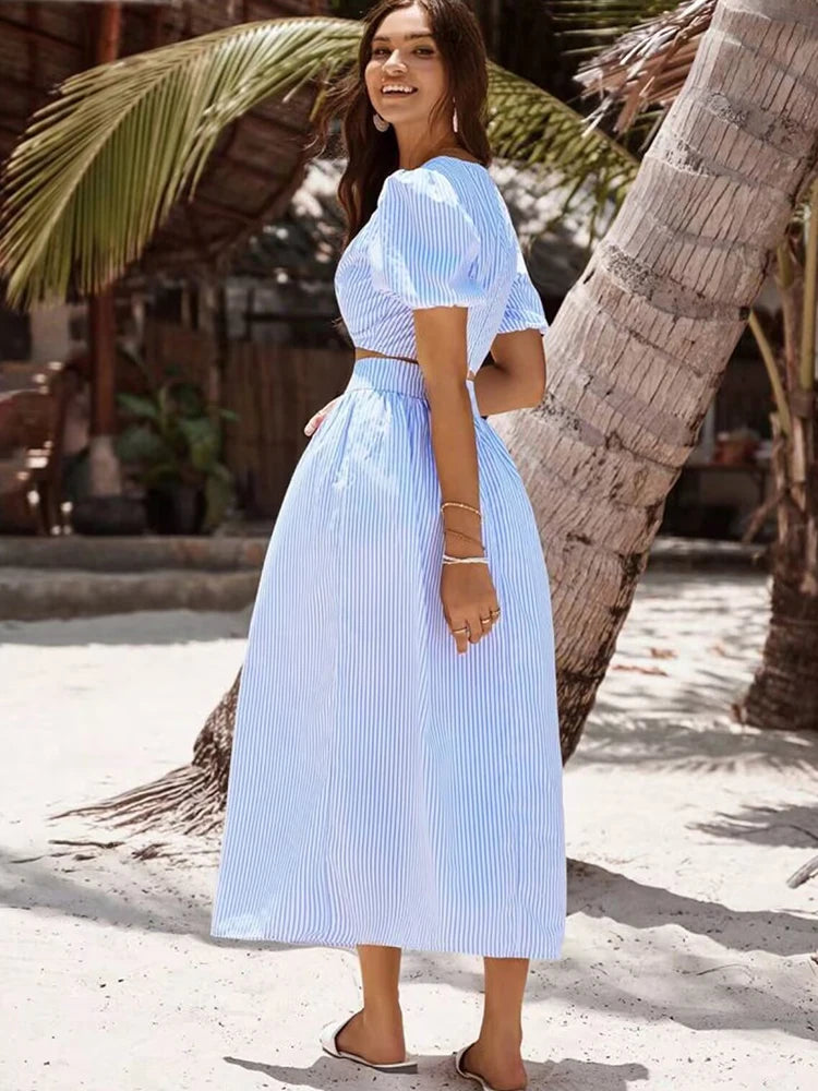 Foridol Striped Women Summer New in Matching Sets Top+skirtTwo Piece Set Outfits 2025 Light Blue Beach Casual Elegant Suit