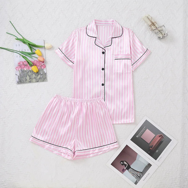 Women Pink Striped Satin Silk Pajamas Set Short-Sleeved V-neck Top and Shorts High Grade Ladies Sleepwear Loungewear
