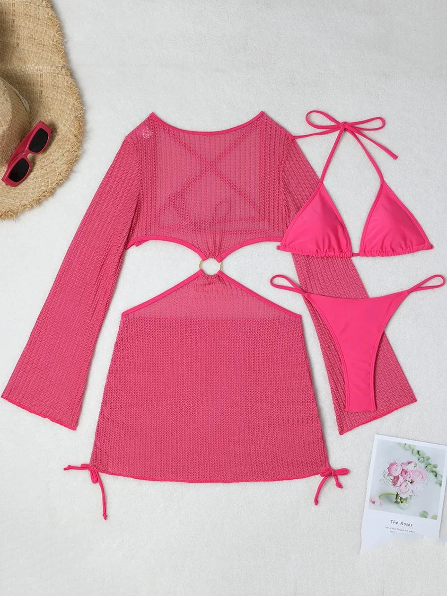 Mesh Sheer Long Sleeve Cover-Up Micro Bikini Female Swimsuit Women Swimwear Three-pieces Bikini Set Bathing Suit Swim Beach Wear