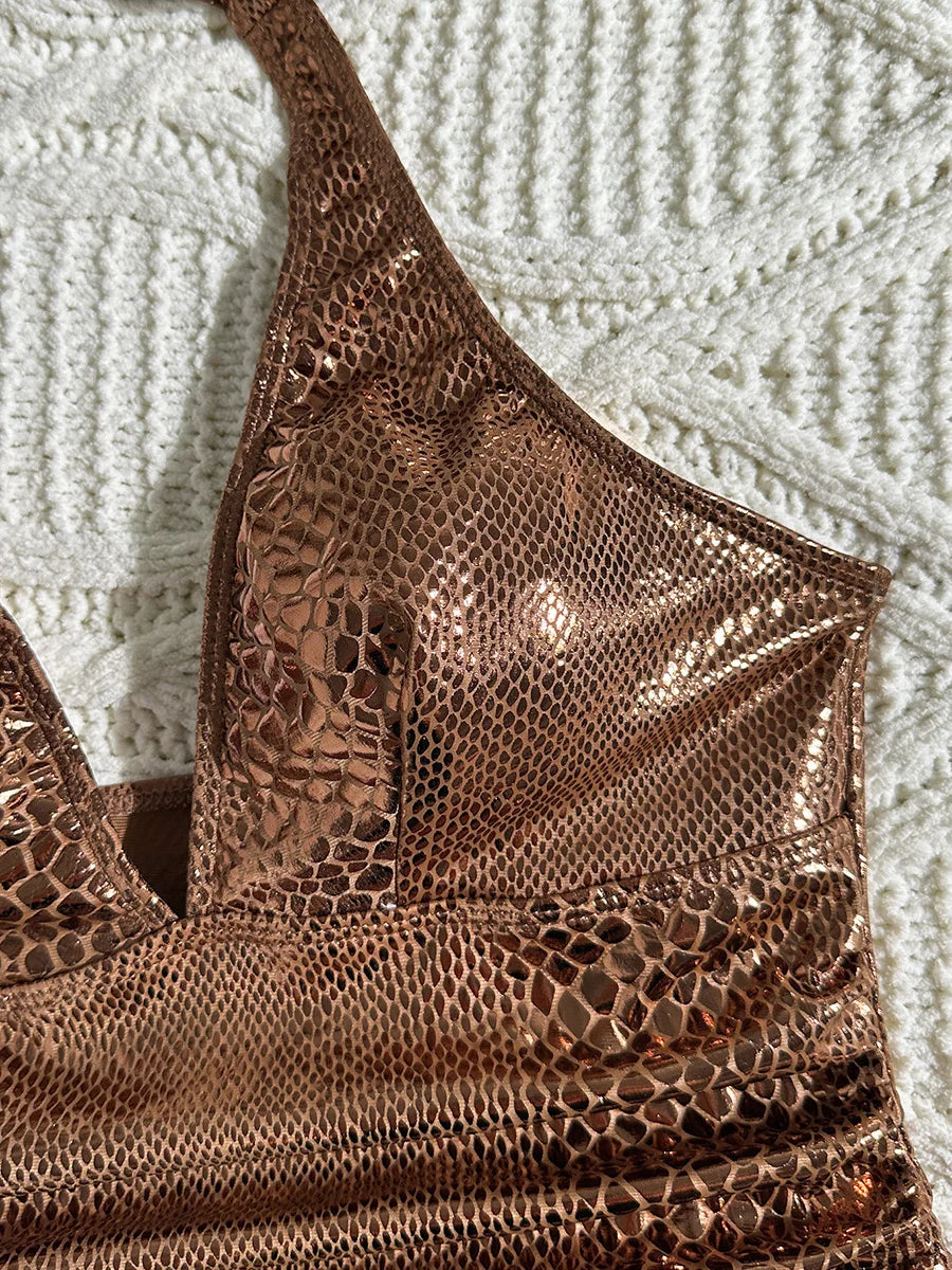 SnakeSkin Halter V Neck Backless Female Swimwear One Piece Swimsuit Women Monokini High Cut Bathing Suit Swim Bodysuit Beachwear