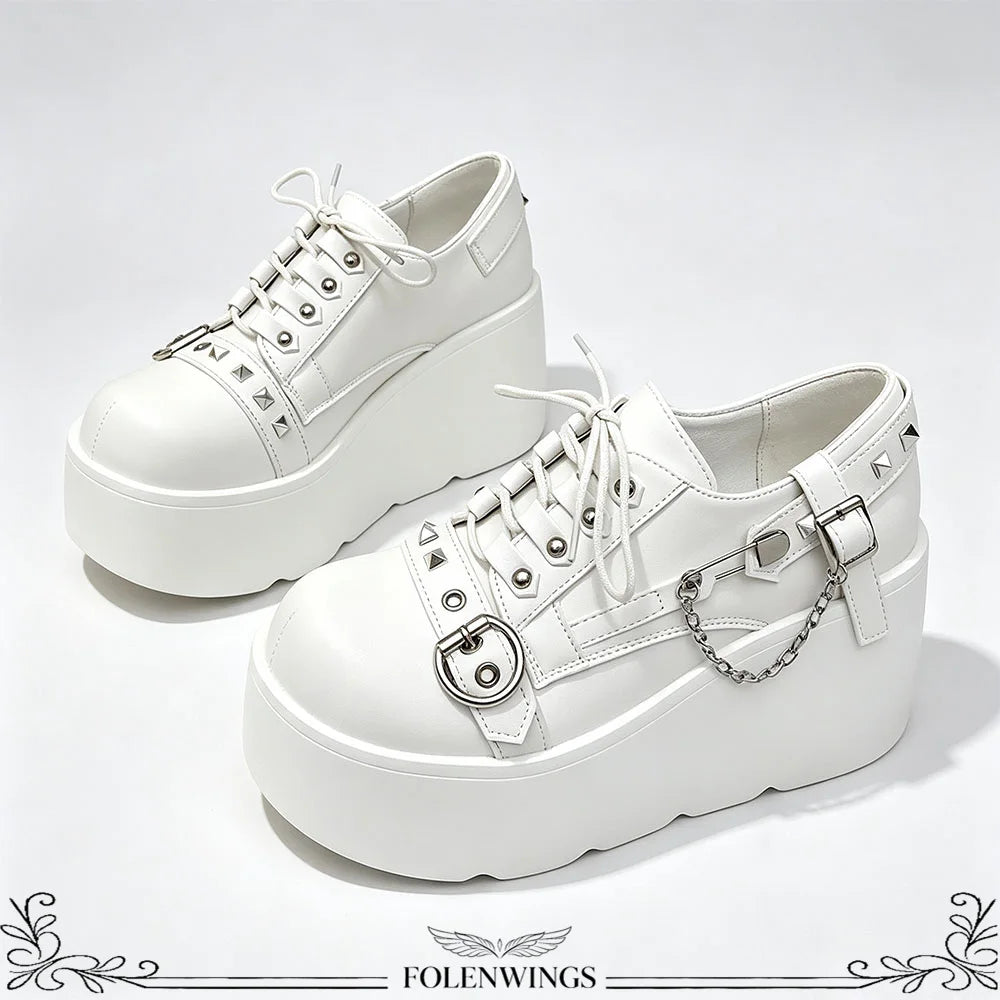 New Arrival Gothic Black Rivets Platform Creepers Shoes White Chain Decor Goth Creepers Chunky Lace Up Lolita Casual Shoes