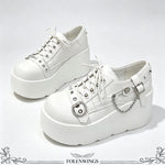 New Arrival Gothic Black Rivets Platform Creepers Shoes White Chain Decor Goth Creepers Chunky Lace Up Lolita Casual Shoes