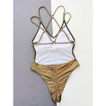 Sexy Golden Sequins Cross Back One Piece Swimsuit Women Swimwear Female Scrunch Butt High Leg Cut Bather Bathing Suit Swim V4967