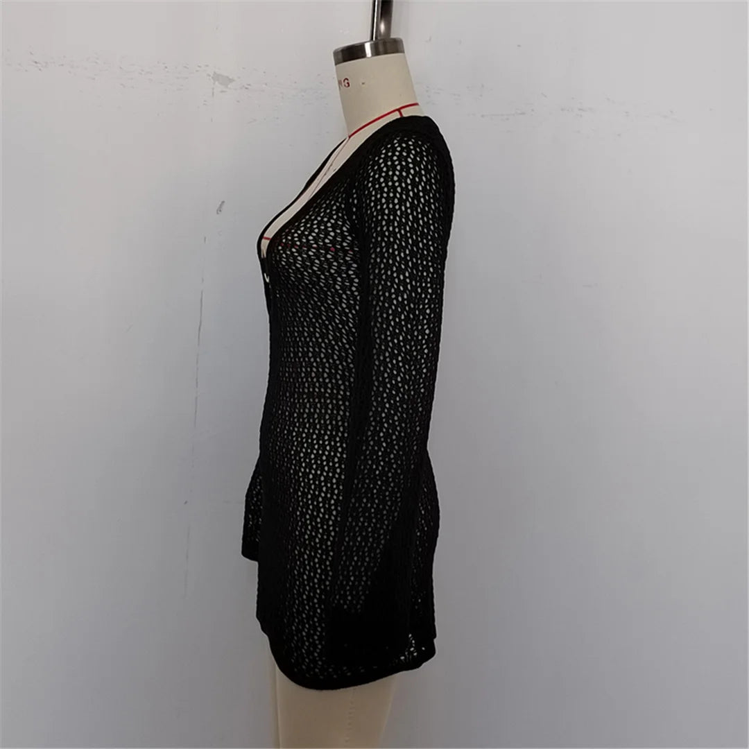 Long Sleeve Hollow Out Crochet Knitted Tunic Beach Dress Beach Wear Beachwear Beach Cover Up Cover-upsFemale Women V6552