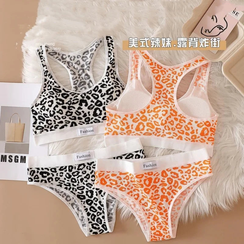 Seamless Bra Set Women Leopard Y-Shape Wireless Bra Low Waist Panties Sexy Lingerie Sport Brassiere Female Underwear Set