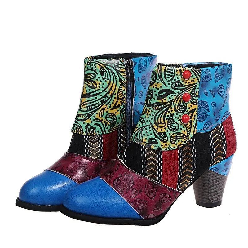 Ankle Boots Women Autumn PU Women's Shoes Ethnic Waterproof Casual Vintage Shoes Zipper High Heel Short Boots Botas Mujer