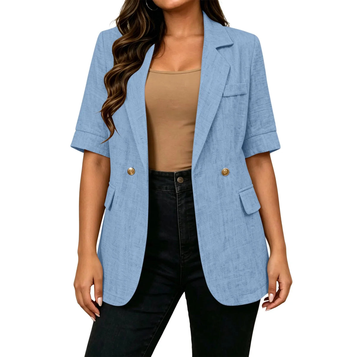 Women Textured Blazer Jacket Lapel Collar Double Breasted Half Sleeve Pocket Loose Suit Coat Elegant Office Summer Outerwear