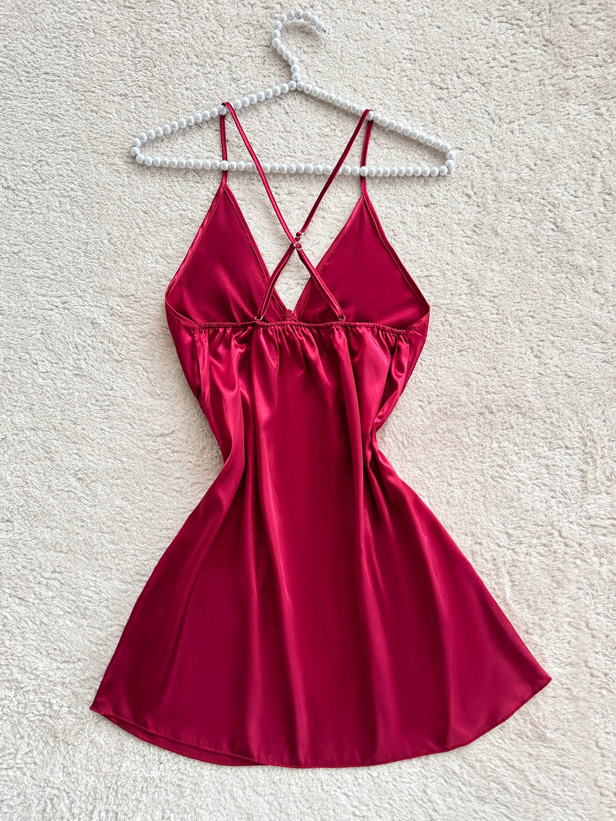Sexy Criss Cross Back Nightdress Women V Neck Lace Trim Hollow Out Sleepwear Pajamas For Home Wear