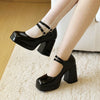 Women Silver Metallic Platform Mary Jane Shoes Double Rhinestone Buckle Chunky Block High Heels Y2K Vintage Square Toe Pumps