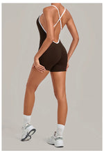 New Tight One-piece Yoga Suit Women Color Contrast Splicing Hollow Back Cross Sports Jumpsuit Outwear Slimming Fitness Bodysuits