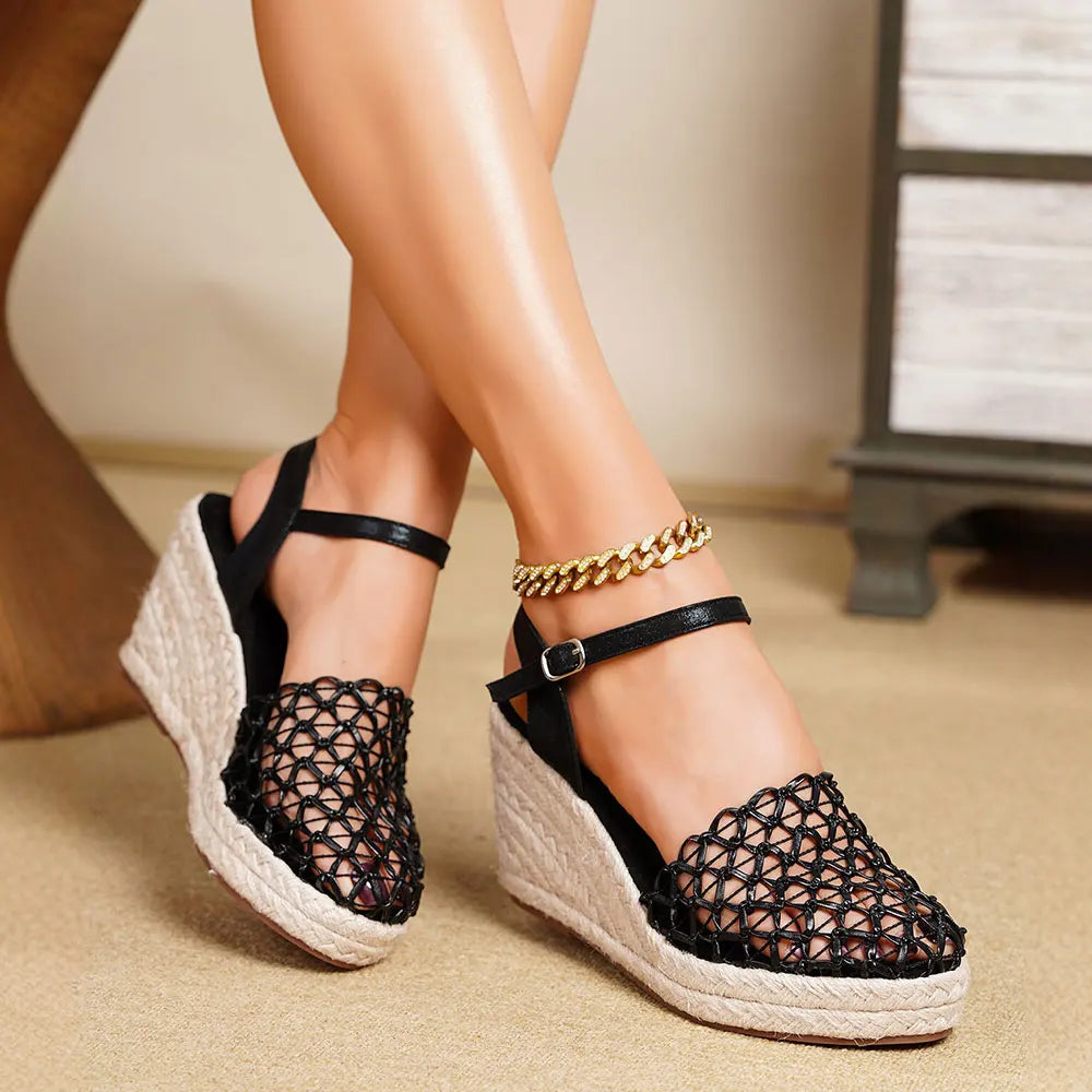 Big Size 43 Mesh Hollow Closed Toe Espadrille Wedge Sandals Women Adjustable Ankle Strap High Heel Summer Boho Beach Shoes