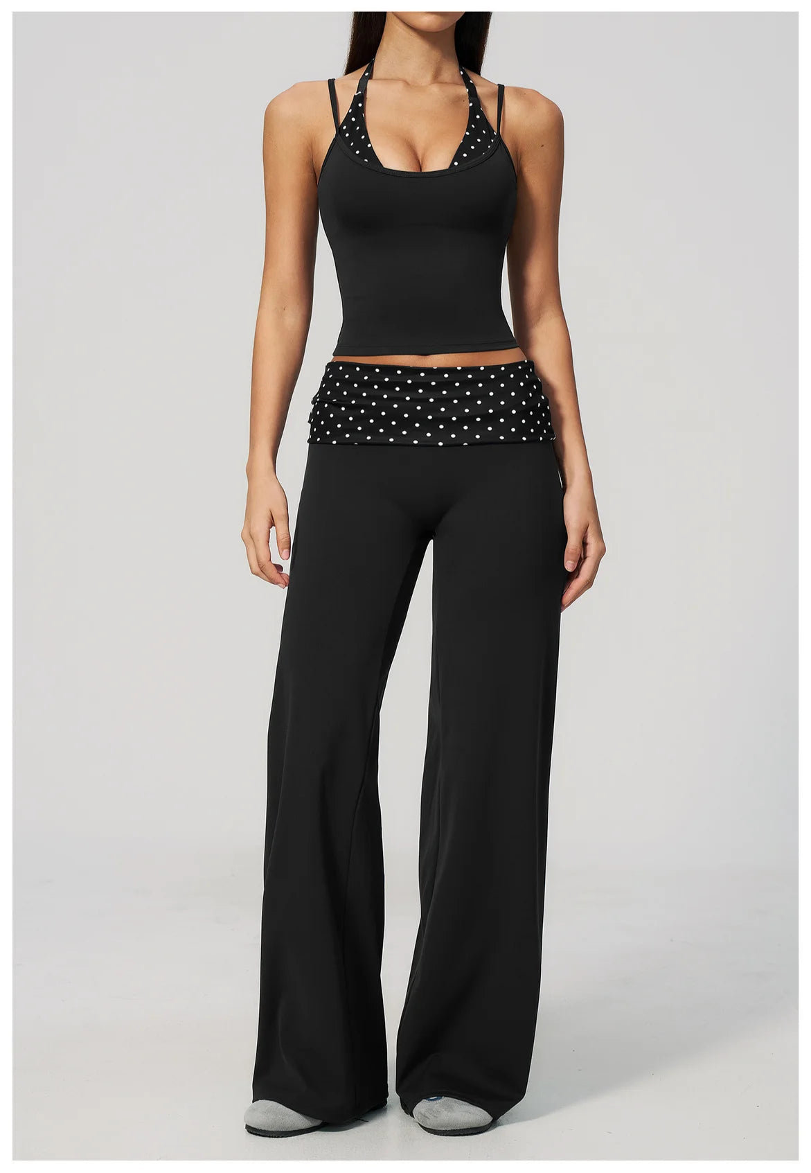 Women's 2 Piece Yoga Set Halter Neck Crop Top Fold Over Waist Wide Legged Flare Trousers Polka Dot Striped Gym Workout Running