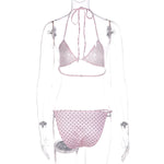 FDYOUI Women's Polka Dot Print Pink Swimsuit Lace-up Bras Panties Split Skirts 3 Pieces Bikinis Sets Bathing Suit Beach Swimwear