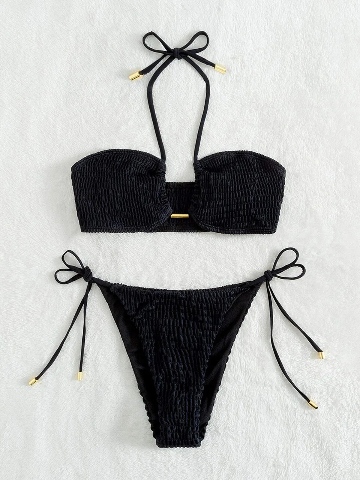 Halter Tie Side Pleated Smocked Bikini Women Bandeau Swimsuit Female Swimwear Two Pieces Bikini Set Bathing Suit Swim Beach Wear