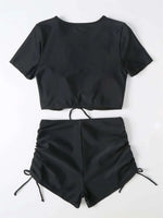 Sexy Drawstring Bikini Set 2026 Women Green Black Short Sleeve Two Piece Swimsuit Summer Bathing Suit Pleate High Waist Swimwear