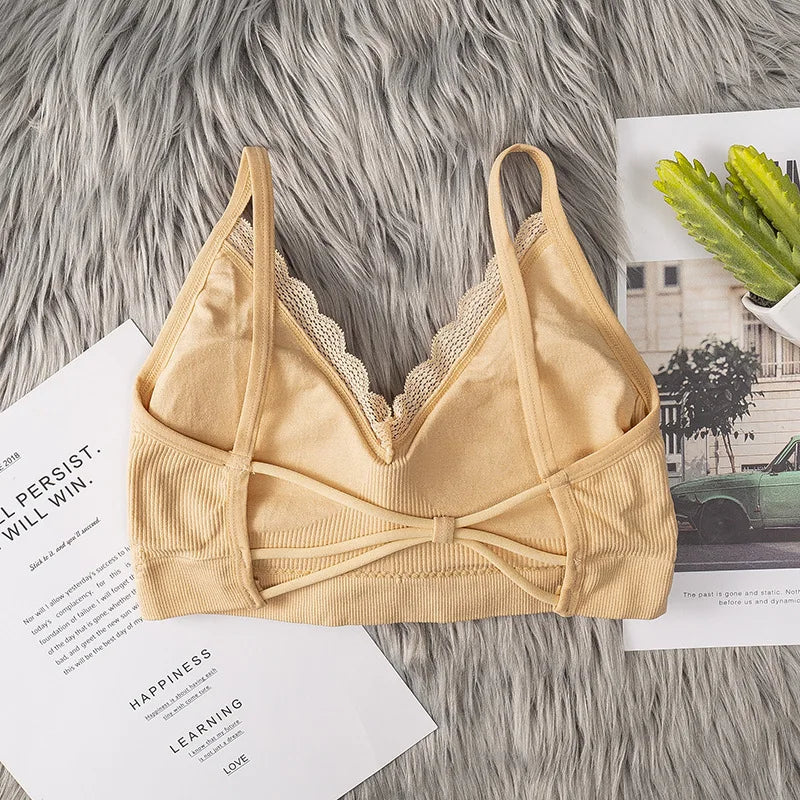 Women's Lace V Neck Rib Camisole Tube Top Bralette Criss Cross Back Removable Foam Pads Wireless Thin Straps Tube Bra