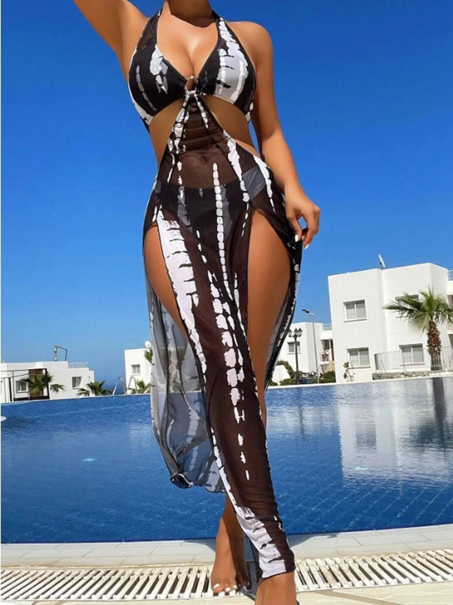 3 Pieces Halter Ring Link Bikini 2026 Women Cut Out Side Cover Up Dress Swimsuit Sexy Swimwear Female Bathing Swimming Swim Suit