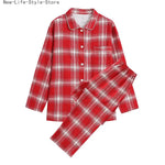 Men Brushed Cotton Vintage Plaid Stripe Pajama Set Lapel Collar Long Sleeve Top Pants Home Sleepwear Loungewear