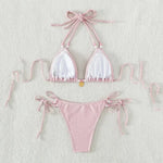 Sexy Pink Micro Thong Bikinis Sets Bead String Halter Swimwear Women Mini Swimsuit Bathing Suit Lace-up Biquinis Triangle Bikini