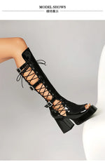 Plus Size Women Black Patent Matte Leather Lace Up Knee High Boots Peep Toe Platform Block Heel Back Zip Gothic Y2K Party Heels