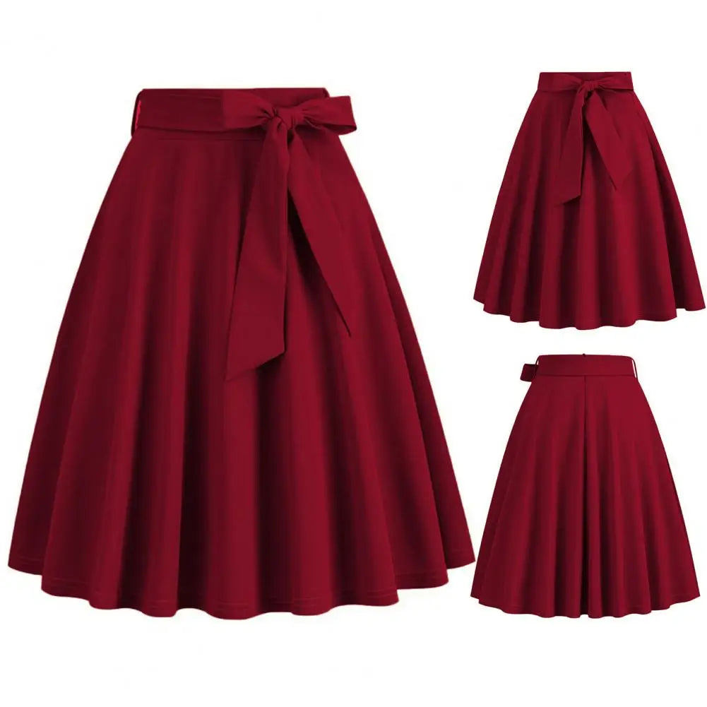 Women Skirt A-line Big Swing Belted Tight Waist Bow Decor Solid Color High Waist Soft Ruffle Summer Dating Party Midi Skirt