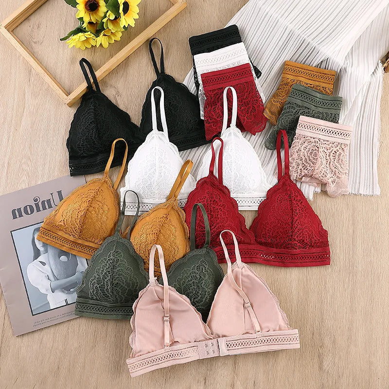 Women Bralette Sexy Lingerie French Style Lace Bra Triangle Cup Brassiere V-neck Solid Color Adjustable Underwear Padded Bra