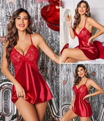 Women Sexy Satin Lace Nightdress Babydoll Lingerie V-Neck Sleeveless Sleepwear Pajama Dress