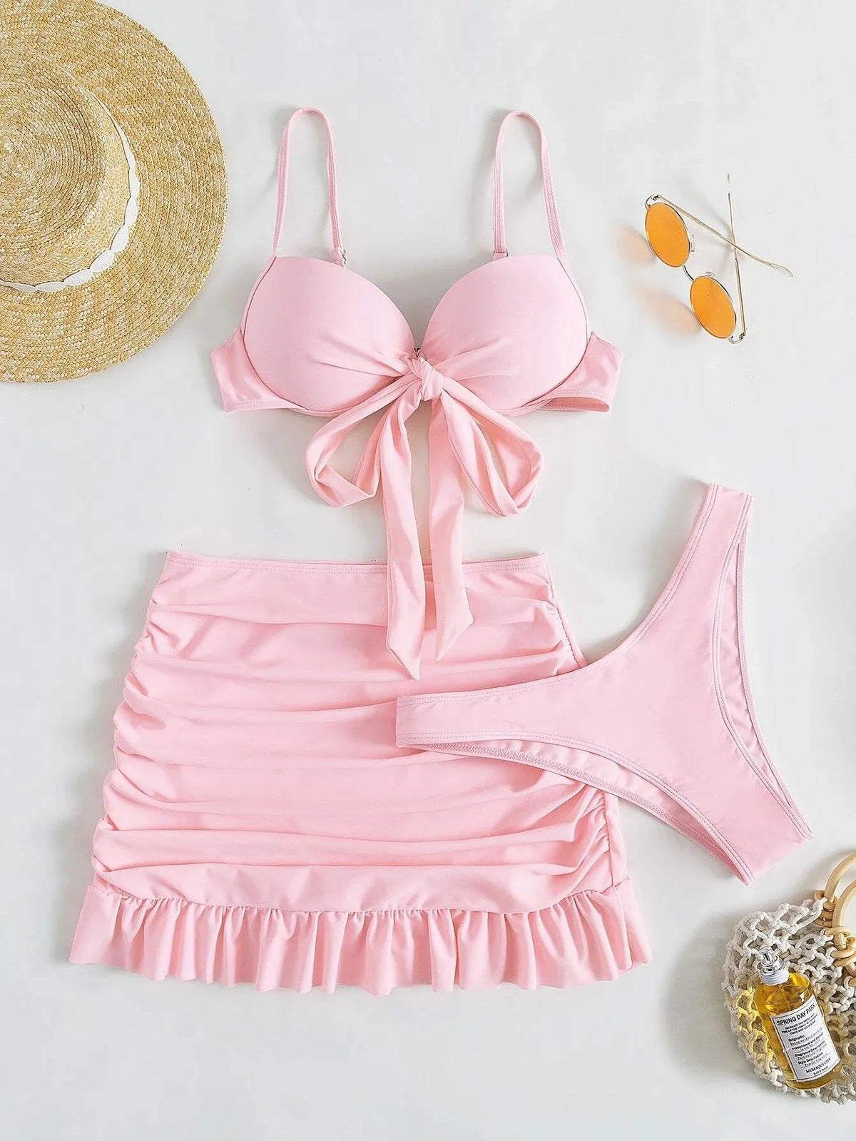 Women solid tie bow push up bikini sets three pieces with wrinkled ruffles mini skirt swimsuit bathing suit beach outfits