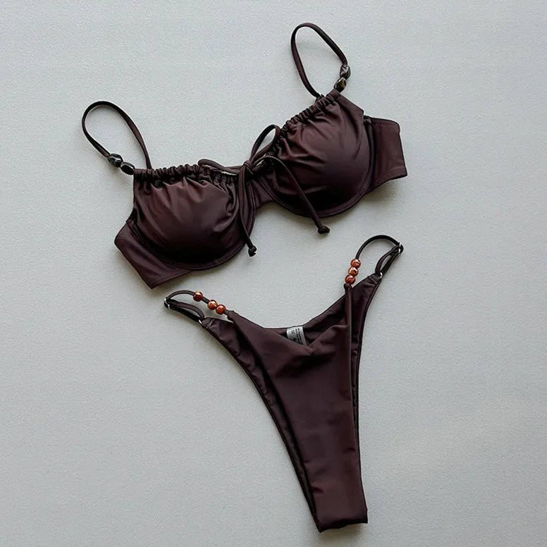 Sexy Black Polka Dot Print Bikini Set Women Pleate Push Up Underwire Bra Beaded String Thong Swimsuit 2026 Bathing Suit Swimwear