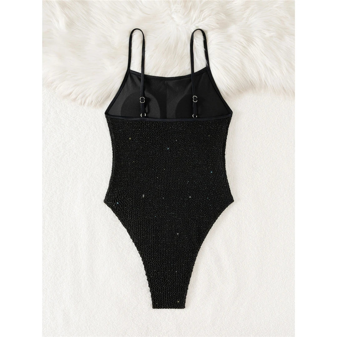 New Wrinkled Crinkled Glitter Sparkling One Piece Swimsuit Women Swimwear Female High Cut Padded Bather Bathing Suit Swim V6407