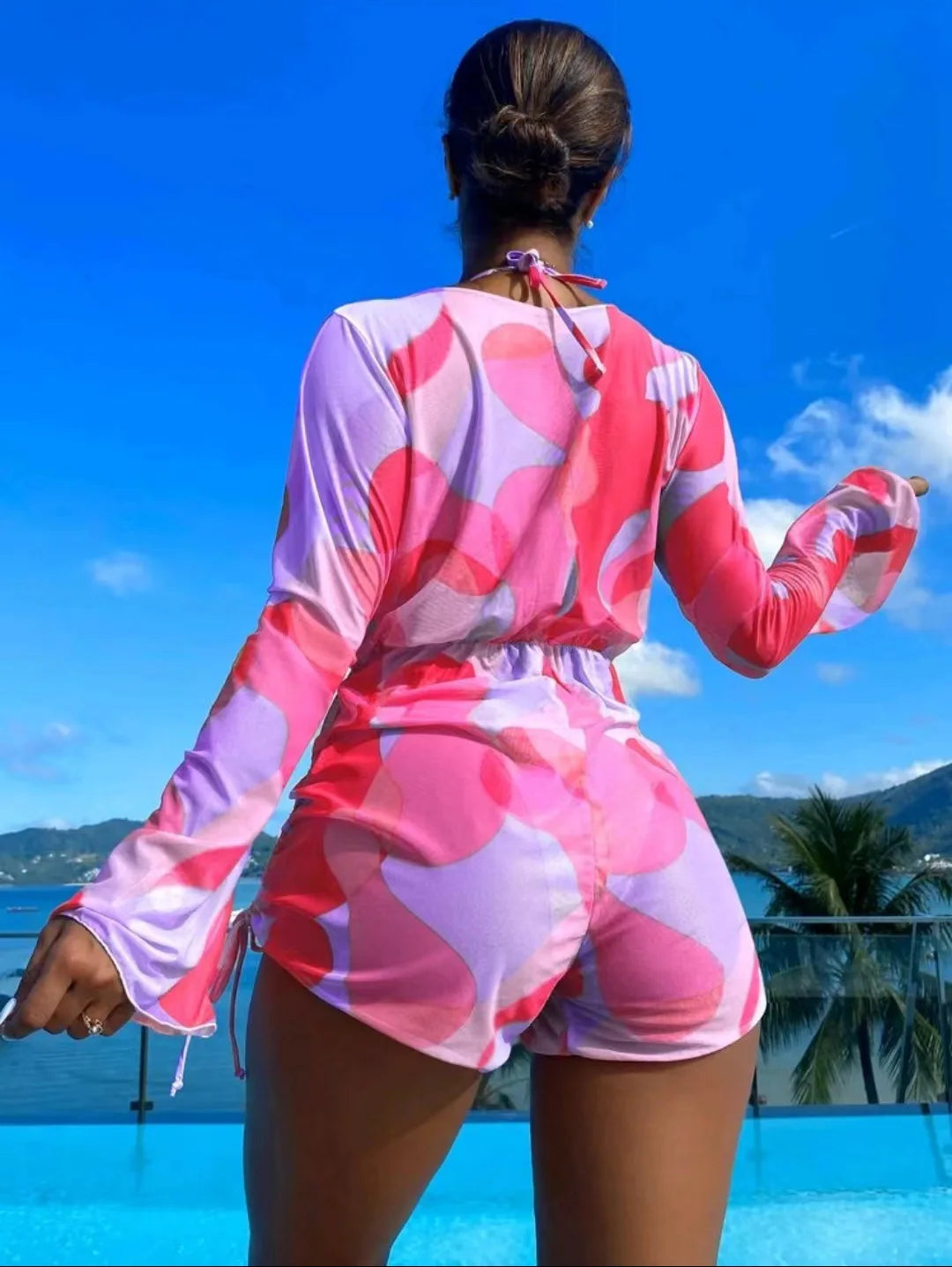2024 New Swimsuit 3 Pcs Set Thong Bikini with Rompers Womens Jumpsuit Beach Wear Print Swimwear Sexy Bathing Suit Pool Beachwear