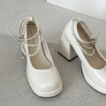10cm Super High Heels Mary Jane Shoes Women Fashion Patent Leather Platform Pumps Woman Pearls Chain Ankle Strap Party Shoes