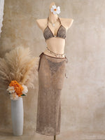 Vintage Coffee Leaves Print Mesh Skirt 3 Piece Bikinis Sets 2026 Women Beach Pearls Push Up Thong Swimsuit Bathing Suit Swimwear