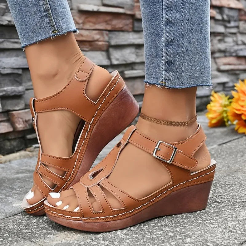 Women's High Heel Sandals 2026Summer New Wedge Heel Sandals Retro Leather Sandals Ladies Casual Platform Sandal Sandalias Mujer