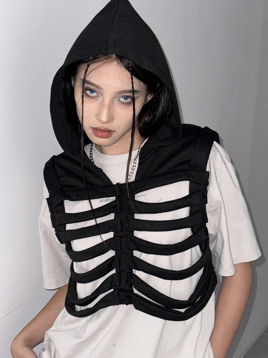 Women Gothic Vest Coat Hollowed Skeletal Gilet Hoodie Sleeveless Hooded Waistcoat Streetwear for Party