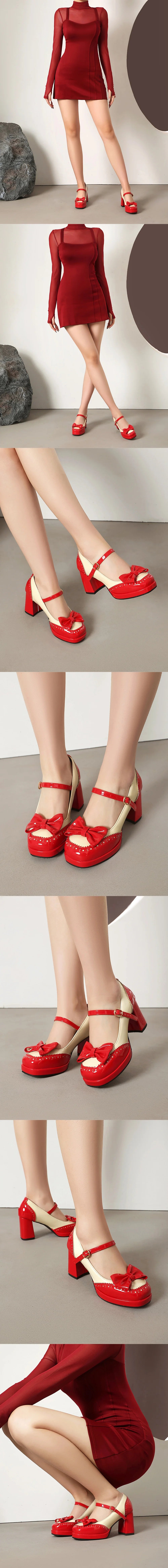 Plus Size 32-48 Sweet Lolita Patent Leather Mary Jane Shoes Women Gothic Square Toe Bow Tie Platform Chunky Heels Brogue Pumps