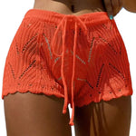 Women Beach Shorts Hollow Out Knitted Lace Drawstring Elastic Waist Soft Breathable Loose High Waist Summer Bikini Shorts