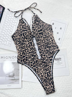 2026 New Sexy One Piece Swimsuit Swimwear Women Leopard Hollow Halter One-piece Bathing Suit Beachwear Metal Ring Decor Bikinis